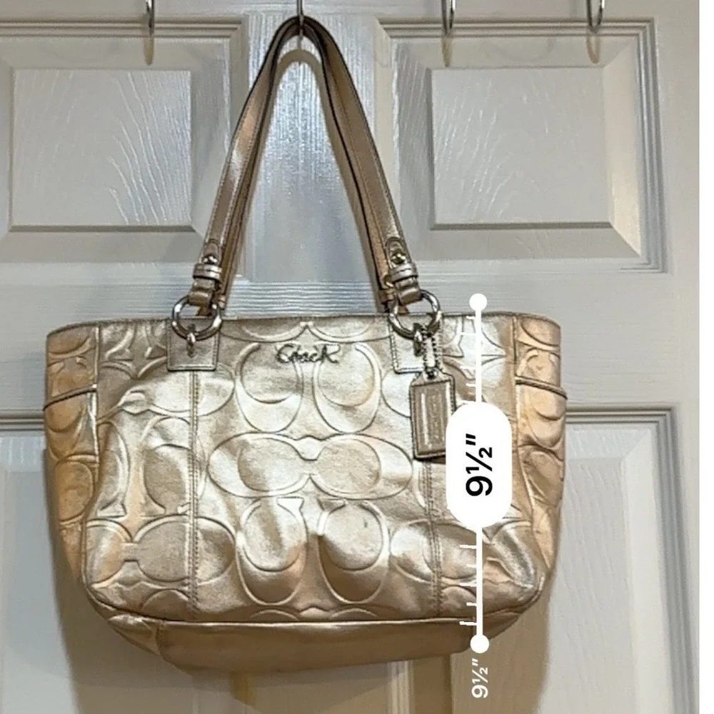 Coach Metallic Gold Leather Signature C‎ Embossed Tote Shoulder Bag Handbag